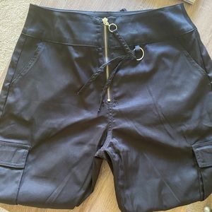 Black satin cargo pants